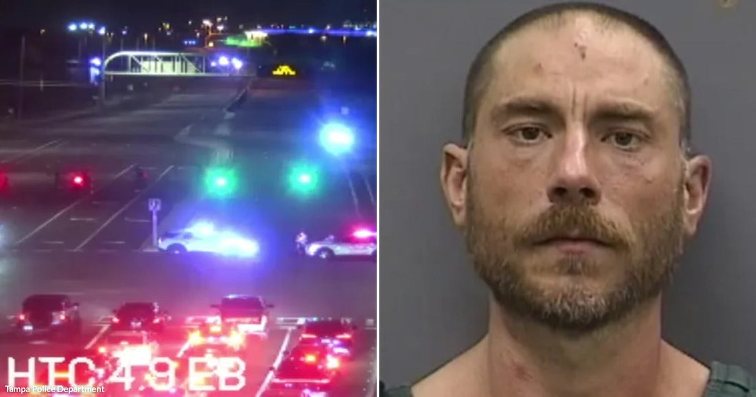 On the left, police vehicles with flashing lights block a Florida highway at night; on the right, a bearded man with a shaved head in a jail booking photo.