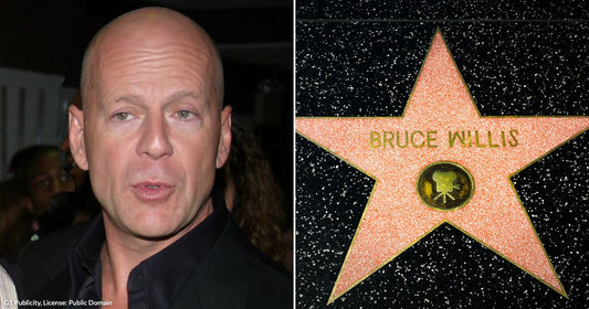 On the left, a bald man in a black suit stands at an event; on the right, a pink Hollywood Walk of Fame star reads "Bruce Willis.