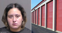 On the left, a young woman with dark shoulder-length hair against a gray background; on the right, a row of red roll-up storage unit doors along a paved lot.