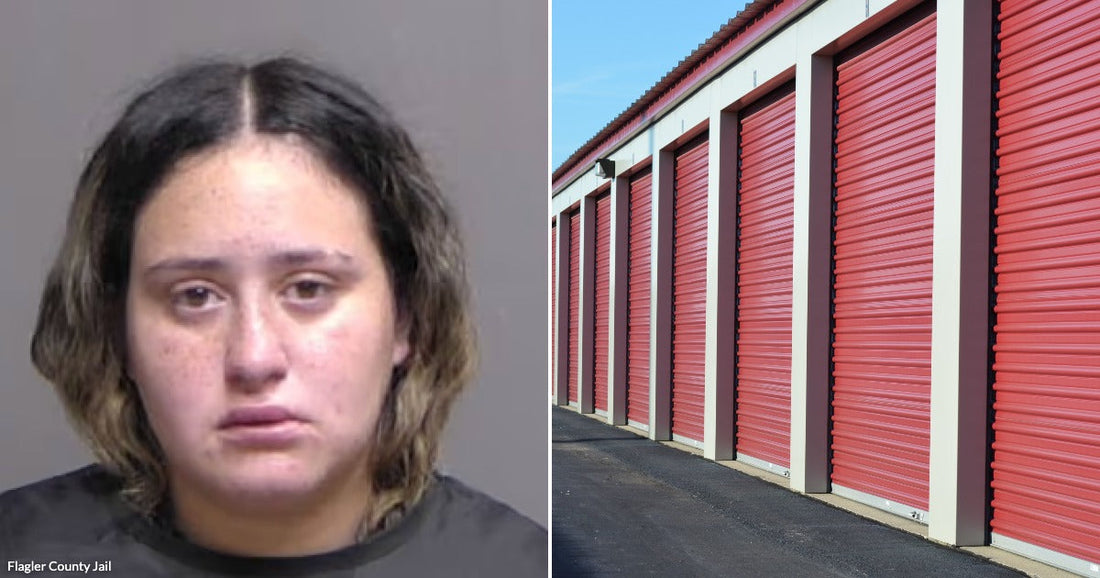 On the left, a young woman with dark shoulder-length hair against a gray background; on the right, a row of red roll-up storage unit doors along a paved lot.