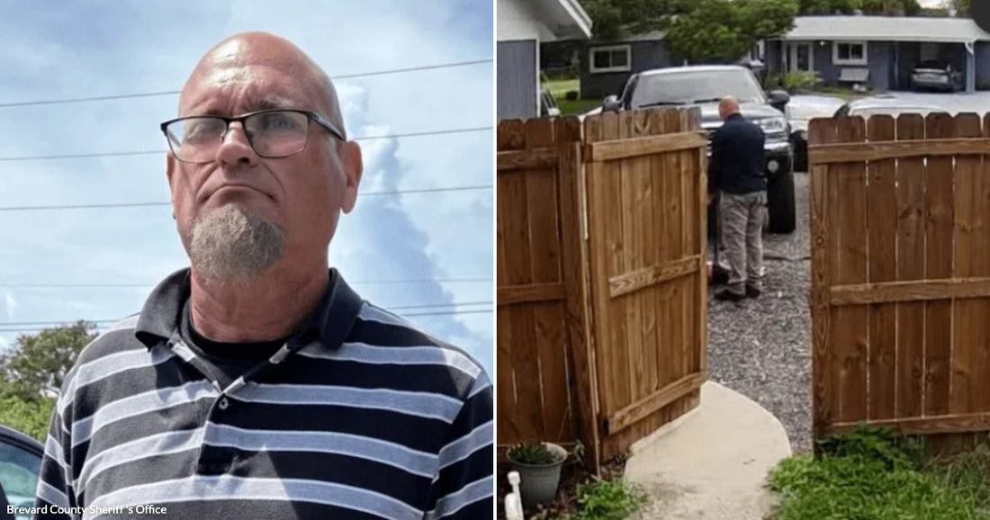 On the left, a bald man with glasses and a goatee stands outdoors; on the right, a person stands in a gravel driveway through an open wooden gate.