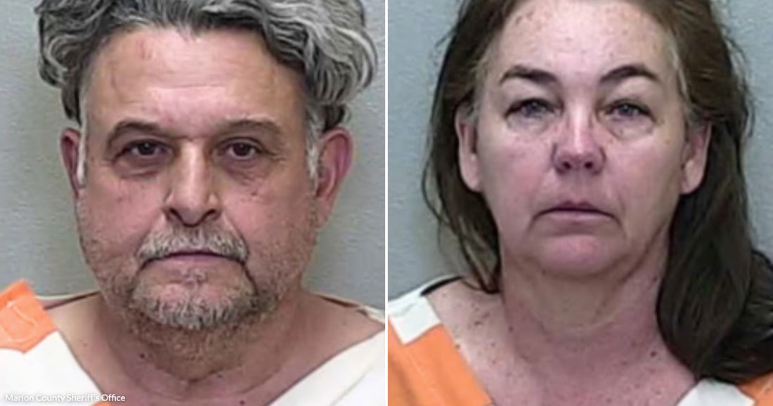 On the left, an older man with gray hair wears an orange jumpsuit; on the right, a middle-aged woman with dark hair also wears an orange jumpsuit.