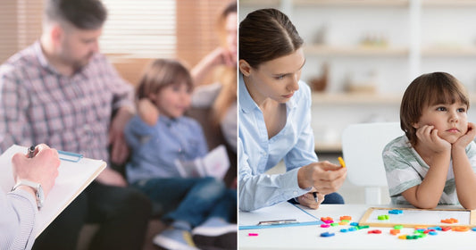 On the left, a professional takes notes while a family sits together; on the right, a woman works with a young boy using colorful letter tiles.