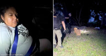 On the left, a woman sits in a vehicle at night wearing a seatbelt; on the right, sheriff's deputies stand outdoors at night near bags on the ground.