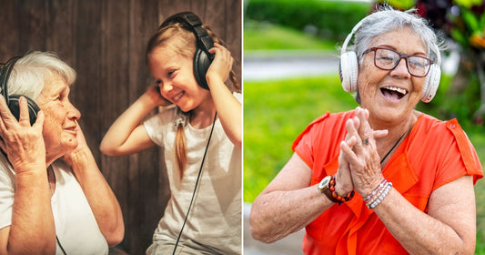 Side-by-side photos show an older woman and girl wearing headphones and another older woman smiling and clapping outdoors.