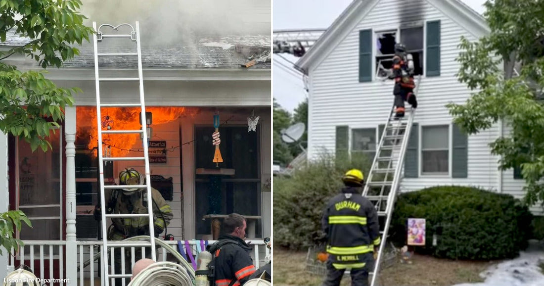 On the left, flames and black smoke pour from a second-floor window of a white house; on the right, a firefighter climbs a ladder while another stands below.