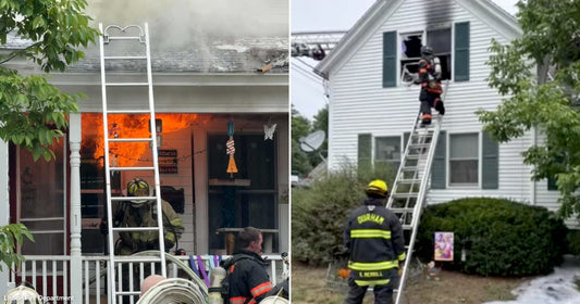 On the left, flames and black smoke pour from a second-floor window of a white house; on the right, a firefighter climbs a ladder while another stands below.
