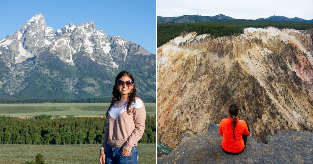 On the left, a young woman in a pink sweatshirt smiles before the Grand Tetons; on the right, a person in orange sits on a cliff overlooking Yellowstone's canyon.