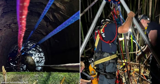 On the left, a person descends into a dark well with ropes; on the right, rescue workers in harnesses operate a tripod lowering system outdoors at night.