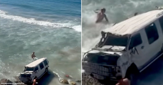 On the left, a person stands near a white van stranded at the ocean's edge; on the right, waves crash over the same van as bystanders watch from rocks.
