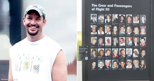 On the left, a muscular man in a sleeveless shirt and cap smiles outdoors; on the right, a memorial board displays crew and passenger photos from Flight 93.