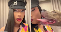 On the left, a woman wearing a black captain's hat and colorful argyle top poses indoors; on the right, a white pit bull licks her face affectionately.
