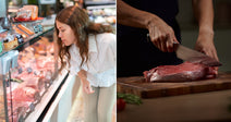 On the left, a young woman with long brown hair browses a grocery store meat display case; on the right, a person trims raw steak on a wooden cutting board.