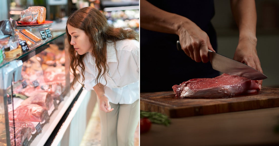 On the left, a young woman with long brown hair browses a grocery store meat display case; on the right, a person trims raw steak on a wooden cutting board.