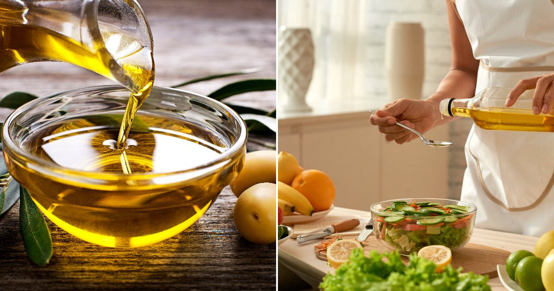 On the left, olive oil pours into a glass bowl beside fresh olives; on the right, a person drizzles oil over a vegetable salad.