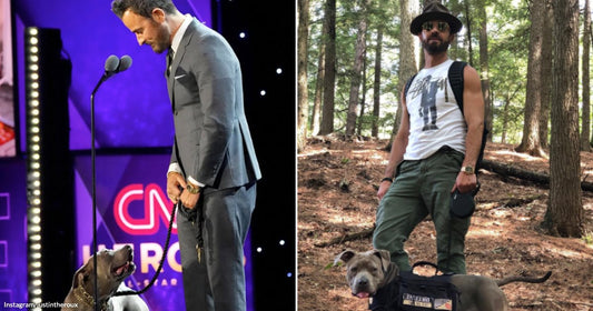 On the left, a suited man holds a dog's leash on a CNN Heroes stage; on the right, the same man and dog pose in a forest.
