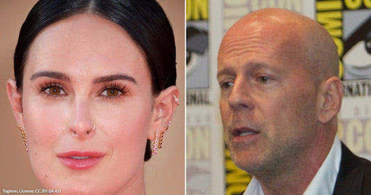 On the left, a young woman with dark hair and jewelry poses; on the right, a bald man and a blonde woman sit at a Comic-Con panel.