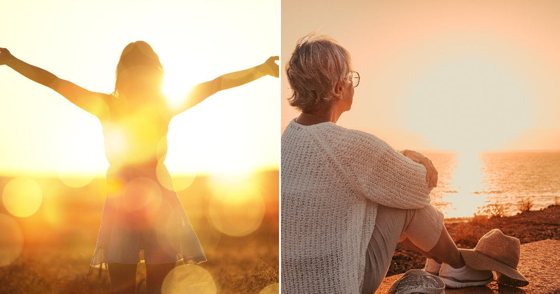 On the left, a person stands in a sunny field with arms raised wide; on the right, an older person sits quietly watching a golden sunset over the ocean.