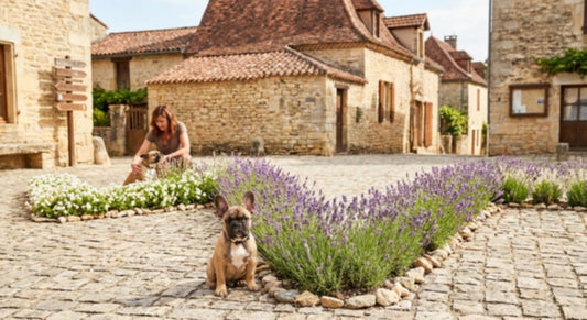 A woman pets her dog beside vibrant lavender plants in a quaint village.