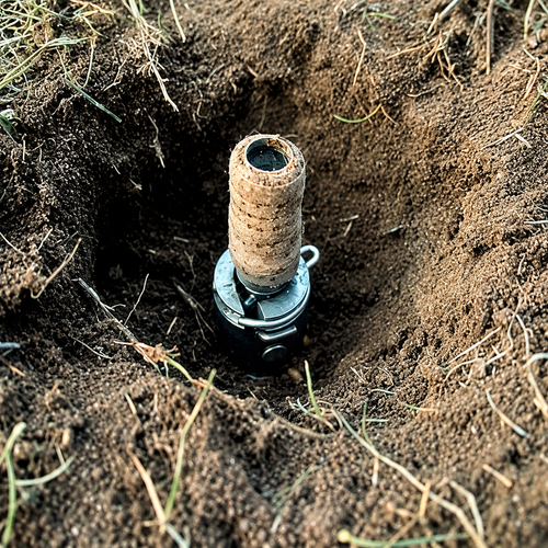 Close-up of a cyanide poison device partially buried in soil, with the baited top exposed above the ground.