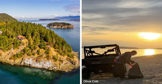 Split image showing a wooded island coastline on one side and a person handling a large bag on a beach at sunset on the other.