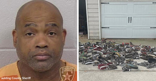 Left: Mugshot of a man labeled Paulding County Sheriff; Right: Pile of chains and dog collars spread across a driveway.