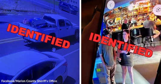 Surveillance-style image of a parking lot and a bar scene, each overlaid with large “IDENTIFIED” text.