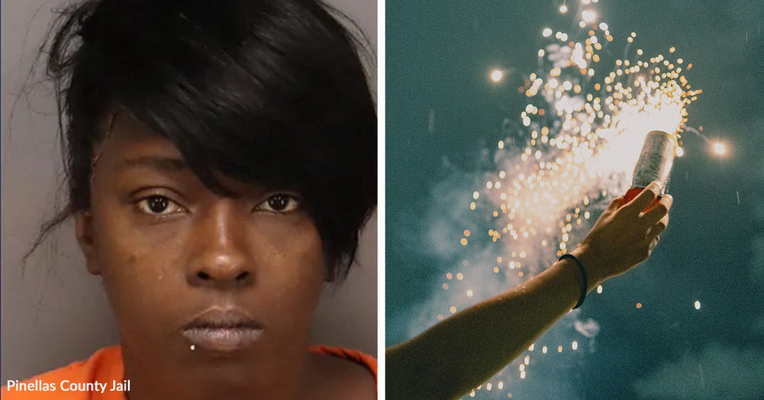 Split image of a woman’s mugshot beside a hand holding a lit firework that sprays bright sparks at night.