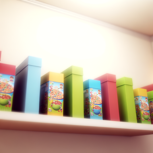 Colorful kids cereal boxes on shelf