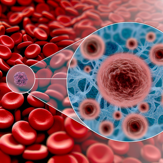 Microscopic view of blood cells and cancer cells