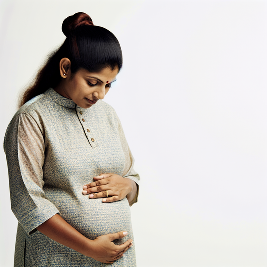 Pregnant woman touching her belly thoughtfully