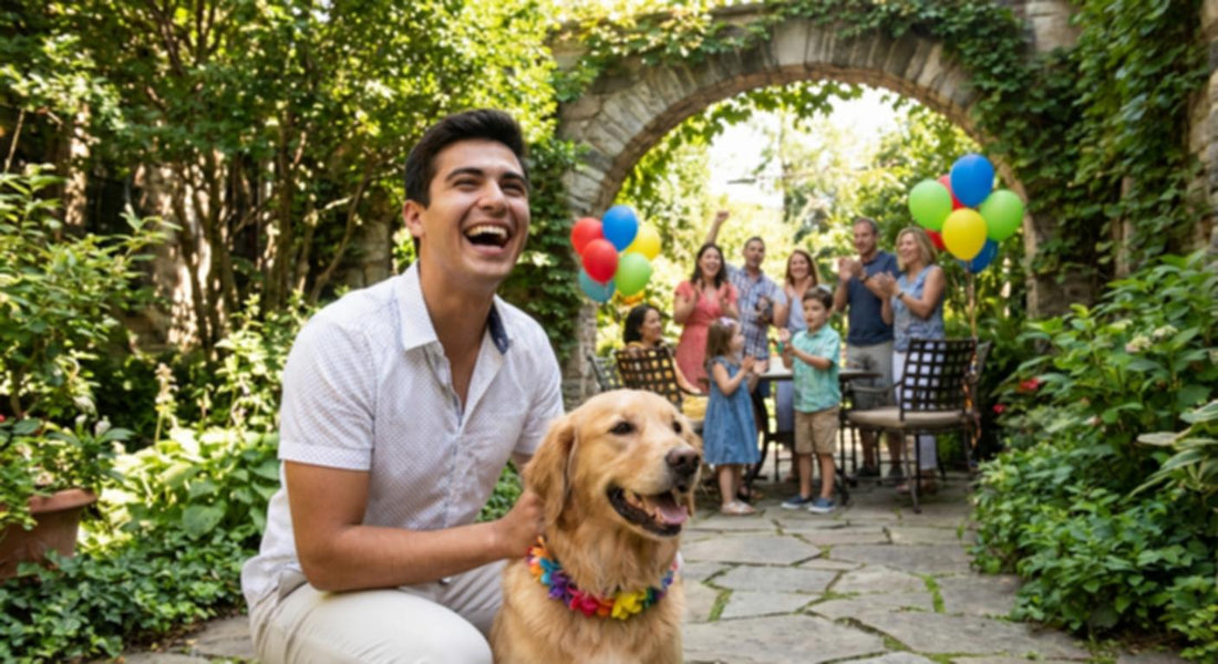 A joyful young man smiles beside a golden retriever at a festive gathering.