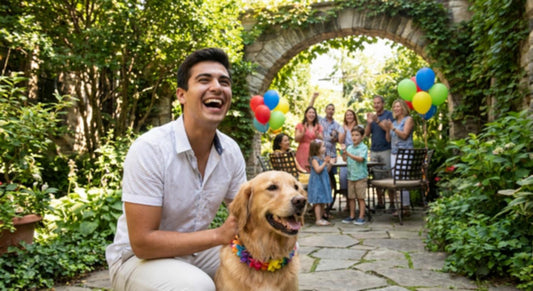 A joyful young man smiles beside a golden retriever at a festive gathering.