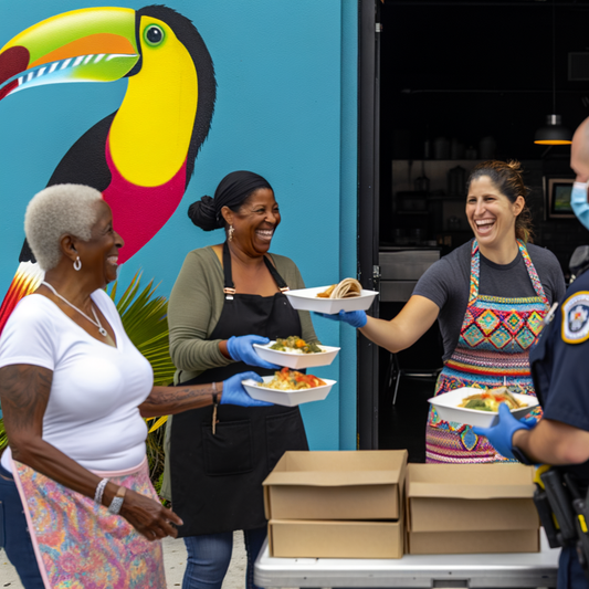 Community members joyfully sharing meals together.