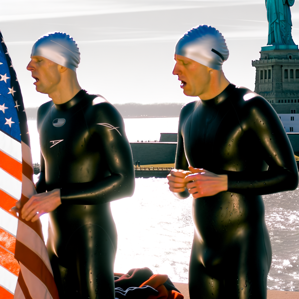 Two swimmers in wetsuits near the Statue of Liberty.