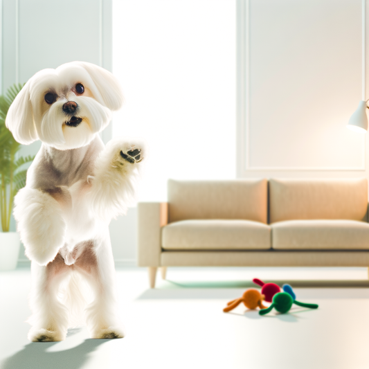 A playful dog standing in a bright living room.