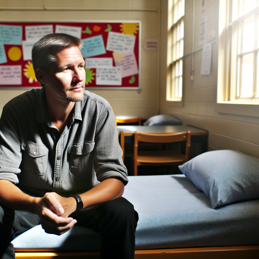 Man sitting on a bed, lost in thought.