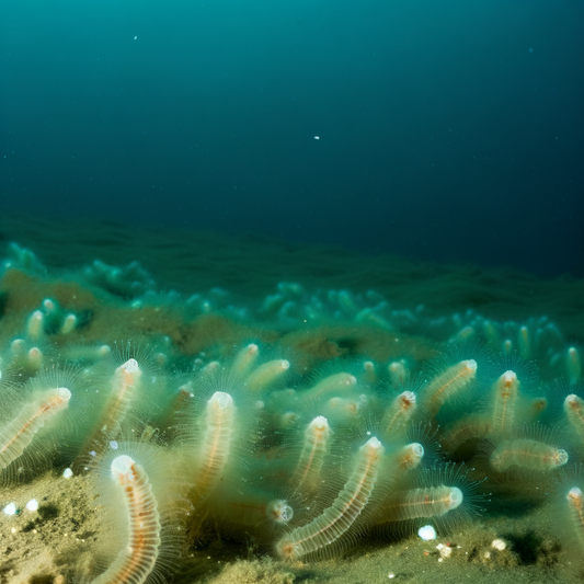 Underwater scene with soft-bodied marine creatures.