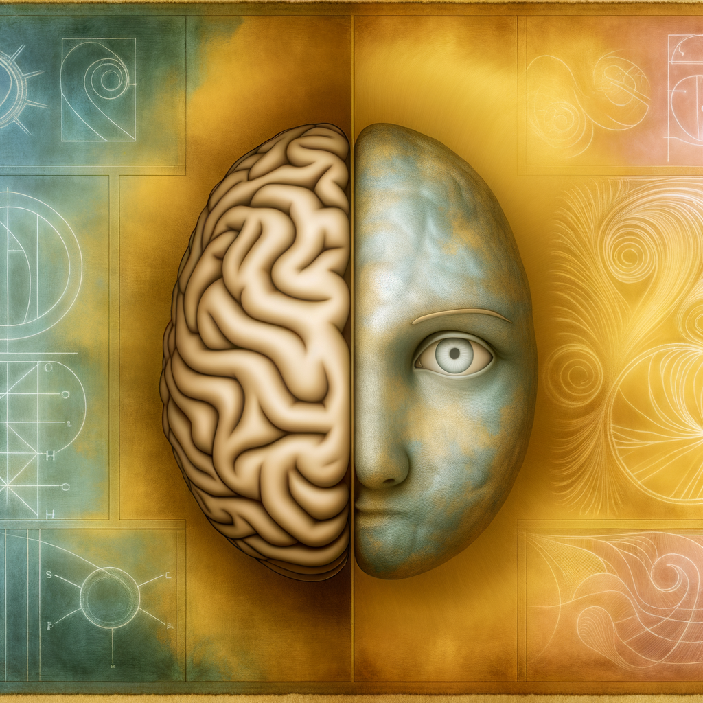 Half brain and face artwork illustrating duality of thought.