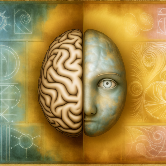 Half brain and face artwork illustrating duality of thought.