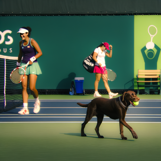 Dog happily carrying a tennis ball on the court.