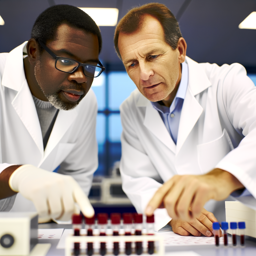 Two scientists analyzing blood samples in a laboratory.