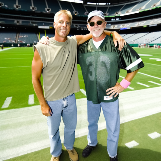 Two smiling men posing on a football field.