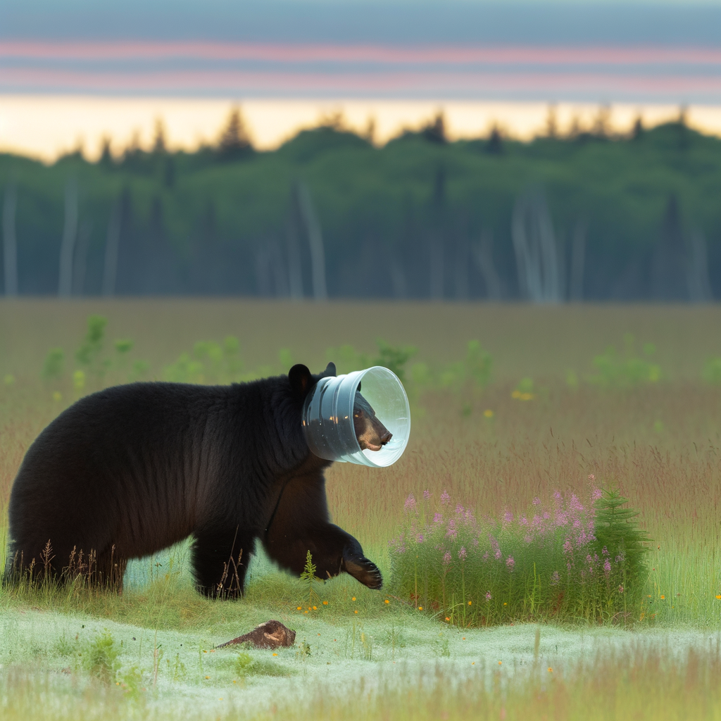 Bear wearing a cone walking through a field.
