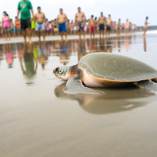 A sea turtle resting on a sandy beach.