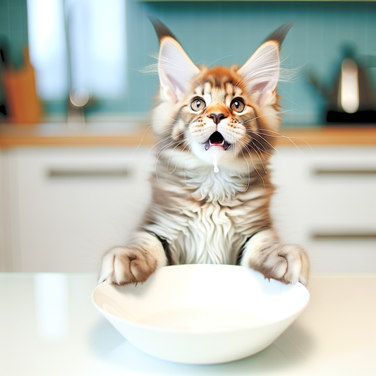 Curious kitten eagerly watching an empty bowl.