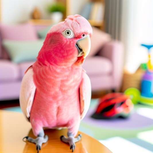 A pink parrot perched on a wooden table.