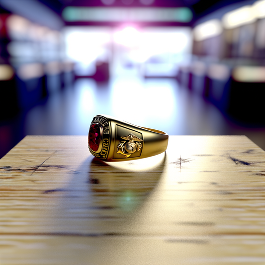 Gold ring with red stone on a wooden surface.