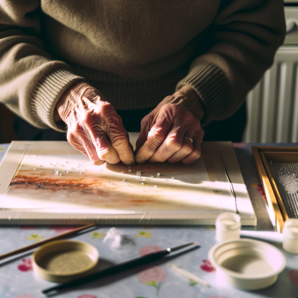 Hands carefully working on an art piece.