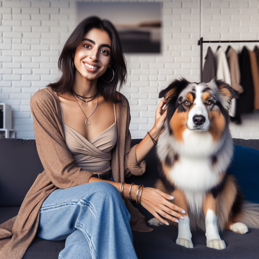 Smiling woman posing with her dog on a couch.